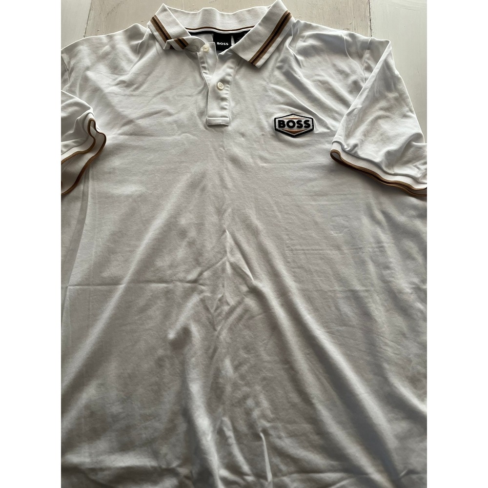 Hugo Boss Mens White Short Sleeve Polo Shirt Striped Trim Logo Patch XL